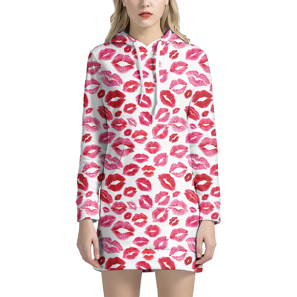 Red And Pink Lips Pattern Print Hoodie Dress