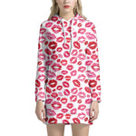Red And Pink Lips Pattern Print Hoodie Dress