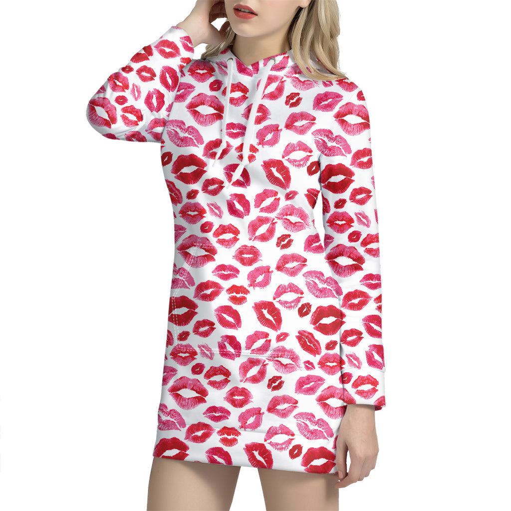 Red And Pink Lips Pattern Print Hoodie Dress