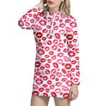 Red And Pink Lips Pattern Print Hoodie Dress