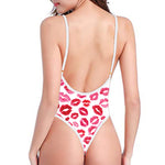 Red And Pink Lips Pattern Print One Piece High Cut Swimsuit