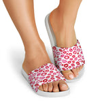 Red And Pink Lips Pattern Print White Slide Sandals