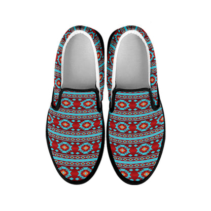 Red And Teal Southwestern Pattern Print Black Slip On Shoes