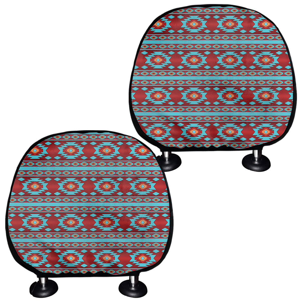 Red And Teal Southwestern Pattern Print Car Headrest Covers