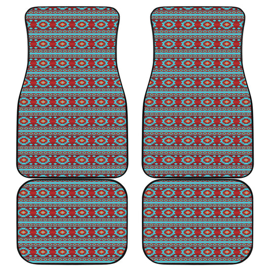 Red And Teal Southwestern Pattern Print Front and Back Car Floor Mats