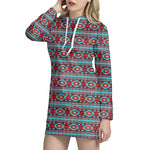 Red And Teal Southwestern Pattern Print Hoodie Dress