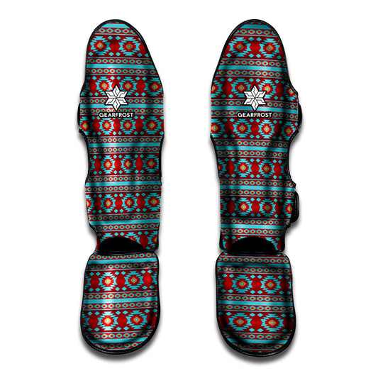 Red And Teal Southwestern Pattern Print Muay Thai Shin Guard