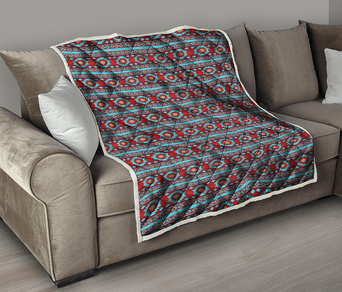 Red And Teal Southwestern Pattern Print Quilt