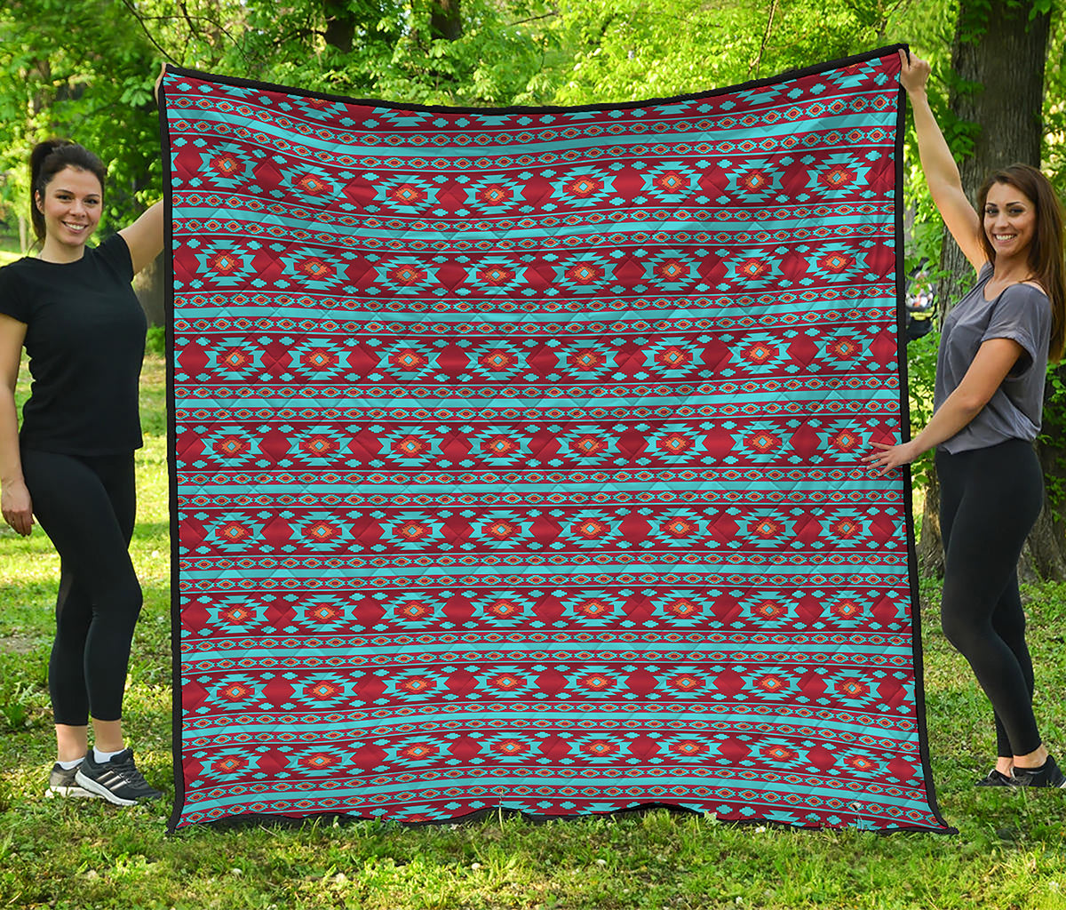 Red And Teal Southwestern Pattern Print Quilt