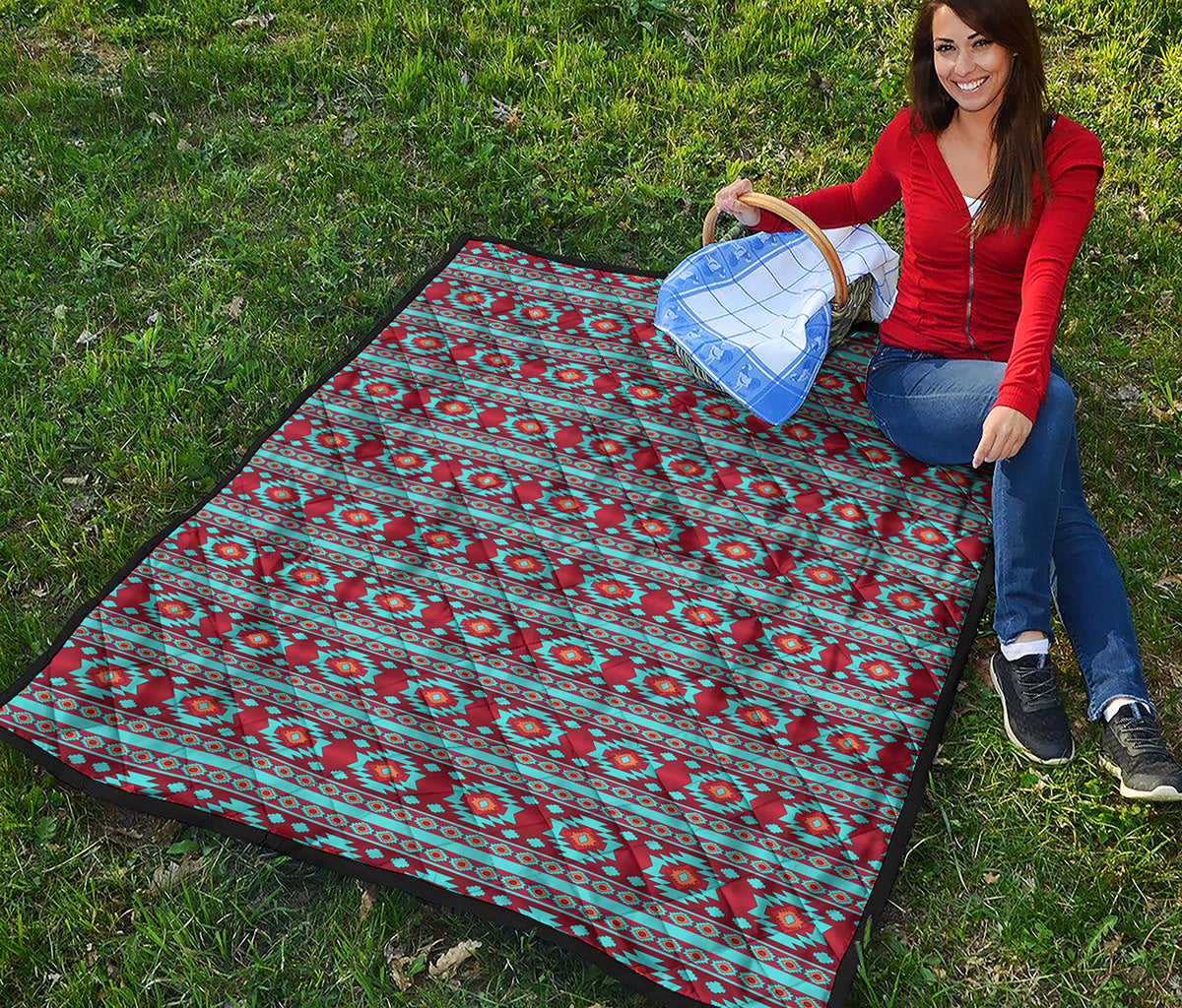 Red And Teal Southwestern Pattern Print Quilt