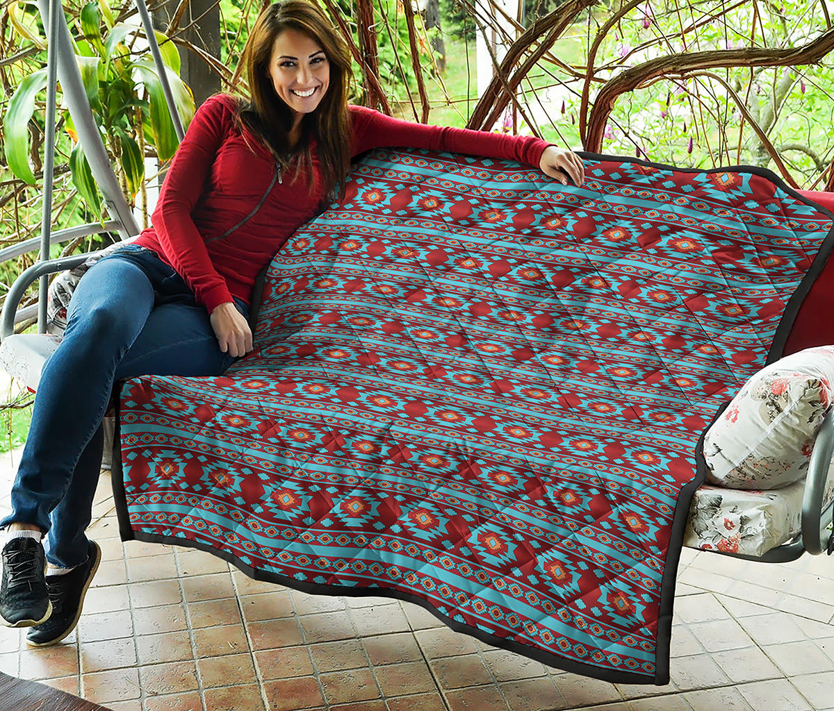Red And Teal Southwestern Pattern Print Quilt