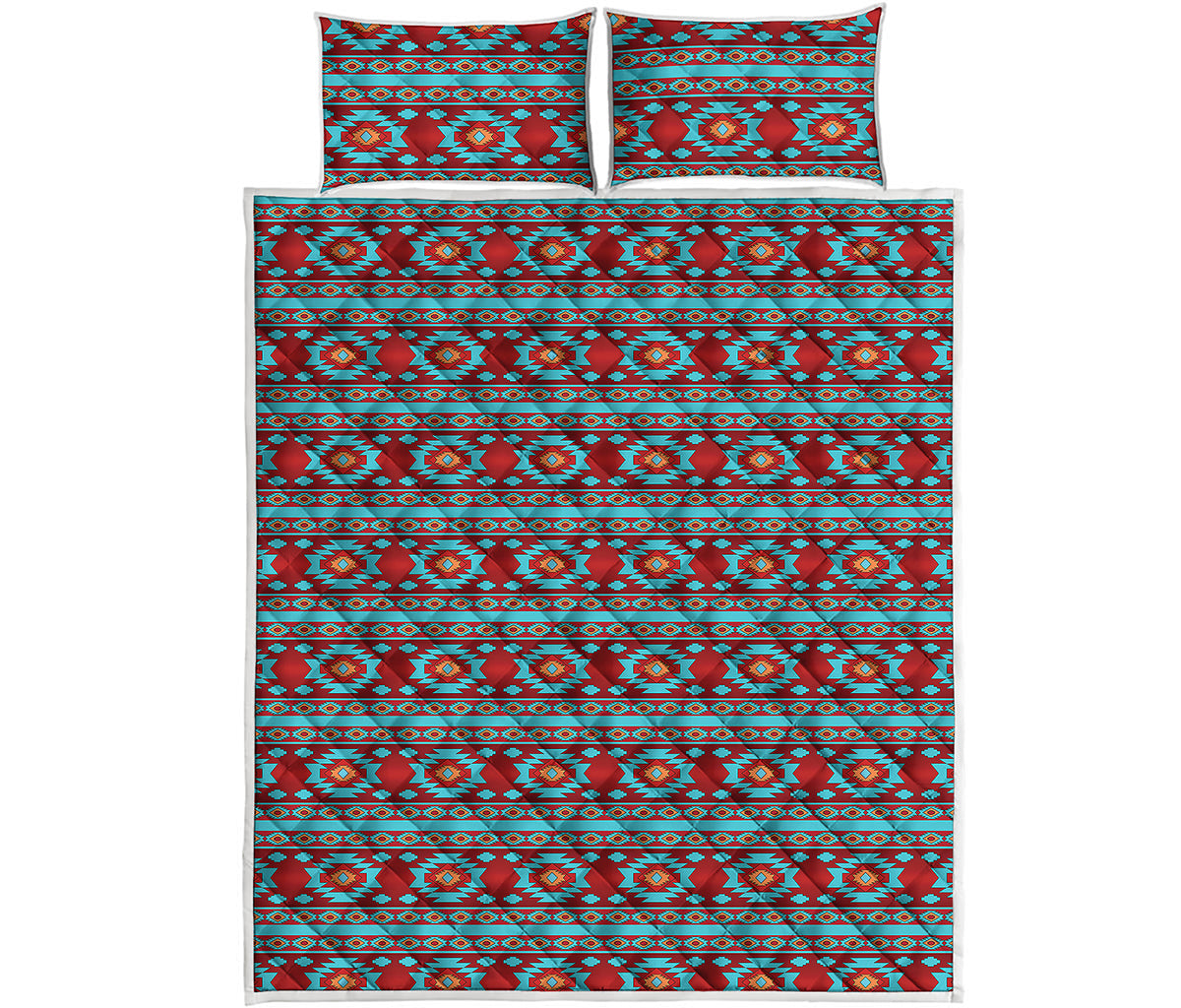 Red And Teal Southwestern Pattern Print Quilt Bed Set