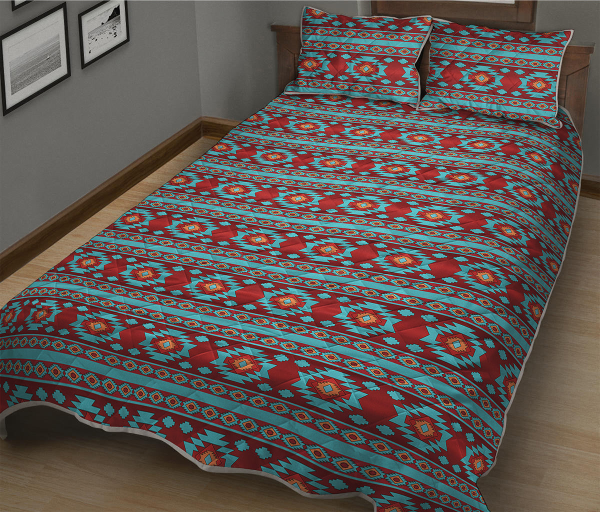Red And Teal Southwestern Pattern Print Quilt Bed Set