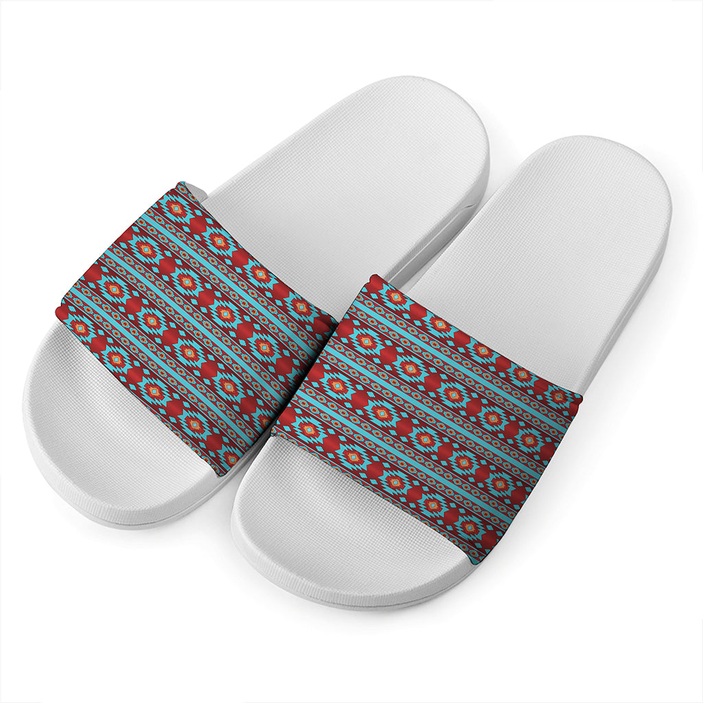 Red And Teal Southwestern Pattern Print White Slide Sandals