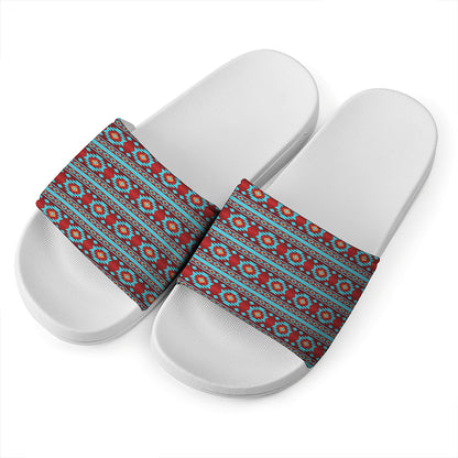 Red And Teal Southwestern Pattern Print White Slide Sandals