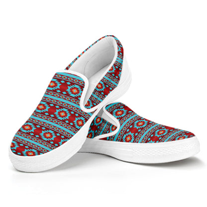Red And Teal Southwestern Pattern Print White Slip On Shoes
