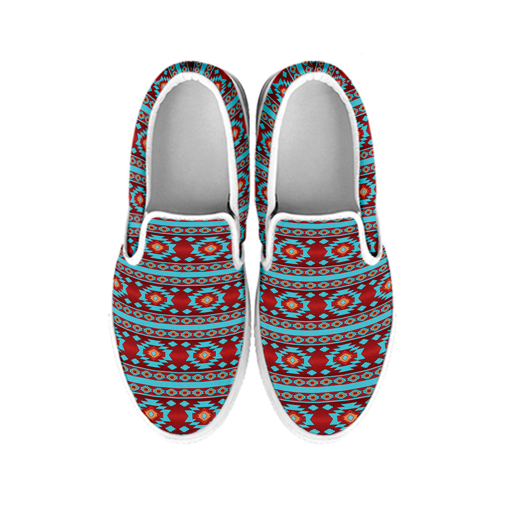 Red And Teal Southwestern Pattern Print White Slip On Shoes