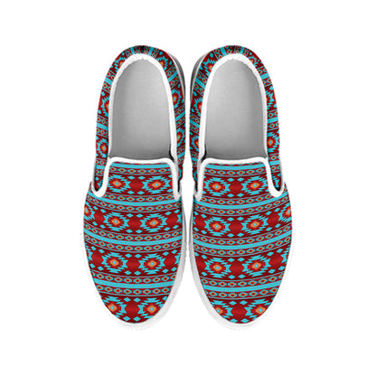Red And Teal Southwestern Pattern Print White Slip On Shoes