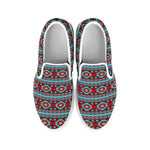 Red And Teal Southwestern Pattern Print White Slip On Shoes