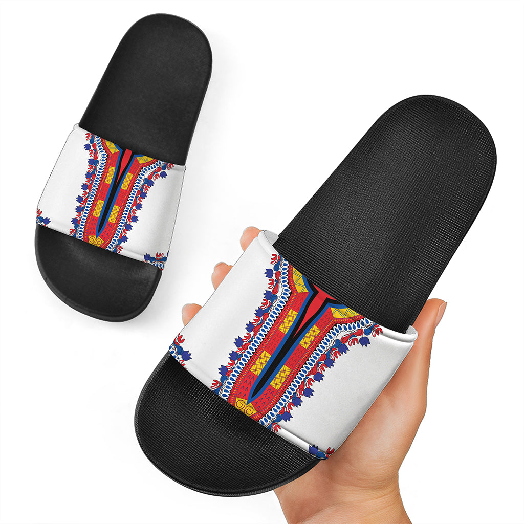 Red And White African Dashiki Print Black Slide Sandals