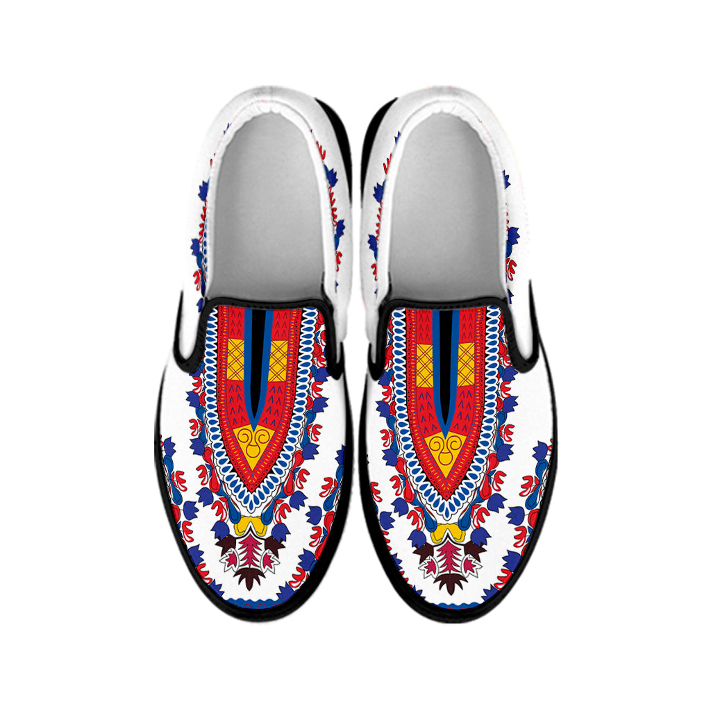 Red And White African Dashiki Print Black Slip On Shoes