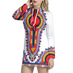 Red And White African Dashiki Print Hoodie Dress