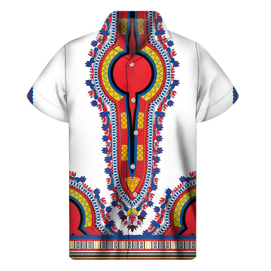 Red And White African Dashiki Print Men's Short Sleeve Shirt