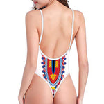 Red And White African Dashiki Print One Piece High Cut Swimsuit