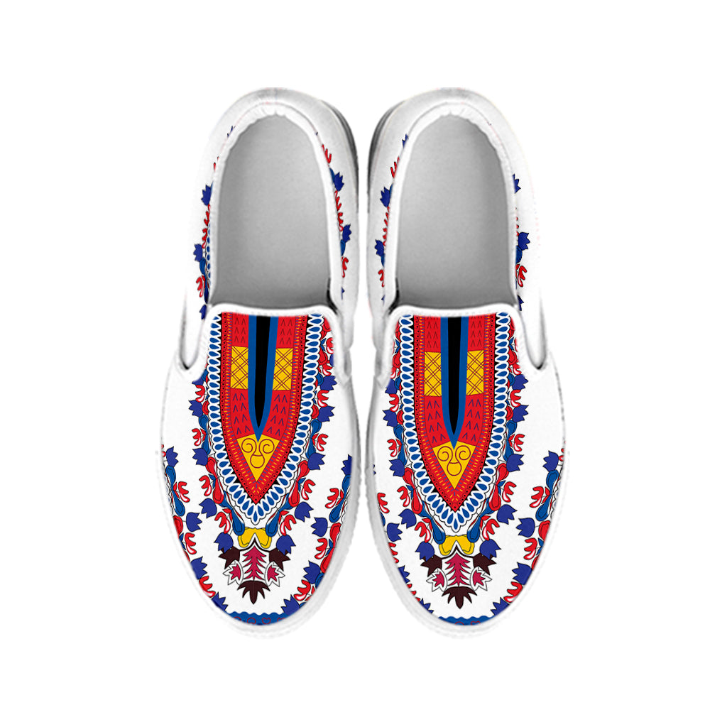 Red And White African Dashiki Print White Slip On Shoes