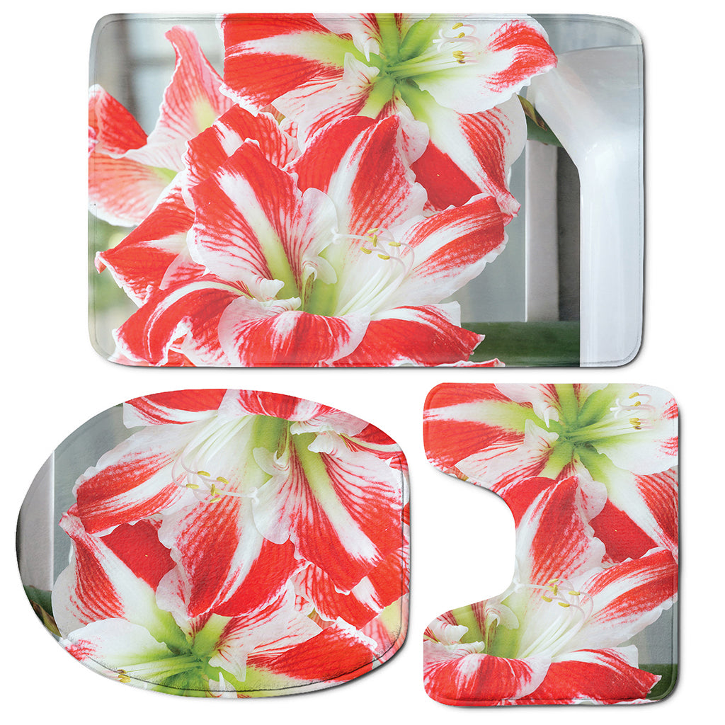 Red And White Amaryllis Print 3 Piece Bath Mat Set