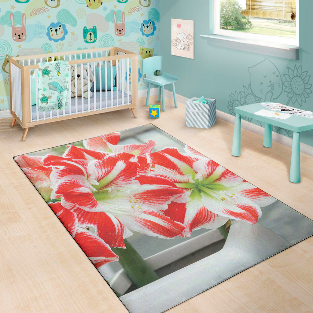 Red And White Amaryllis Print Area Rug