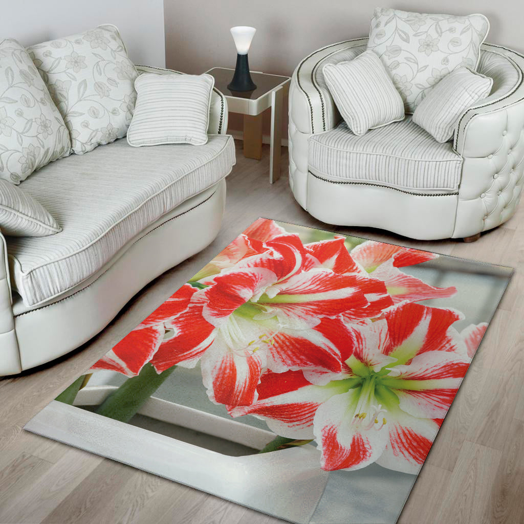 Red And White Amaryllis Print Area Rug