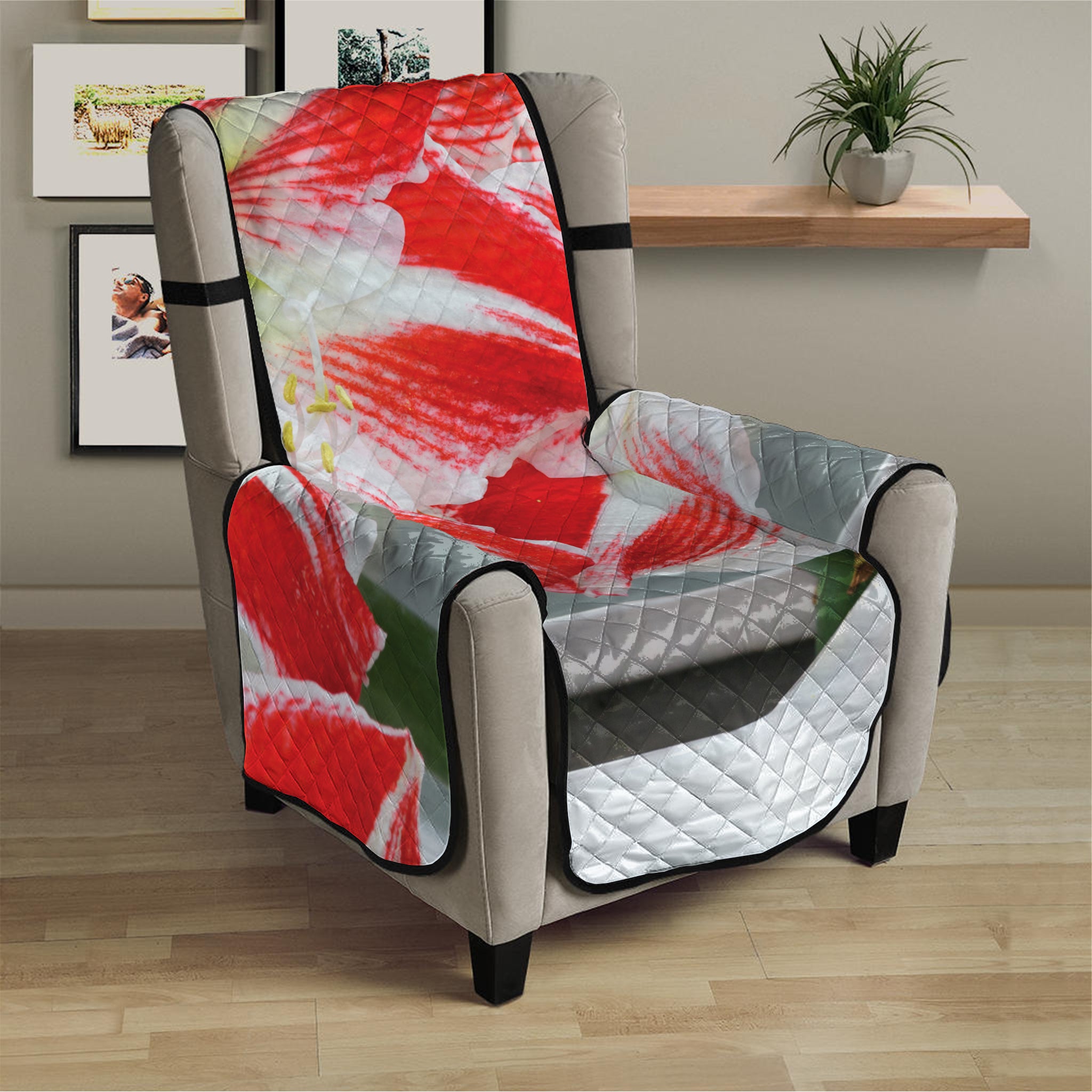 Red And White Amaryllis Print Armchair Protector