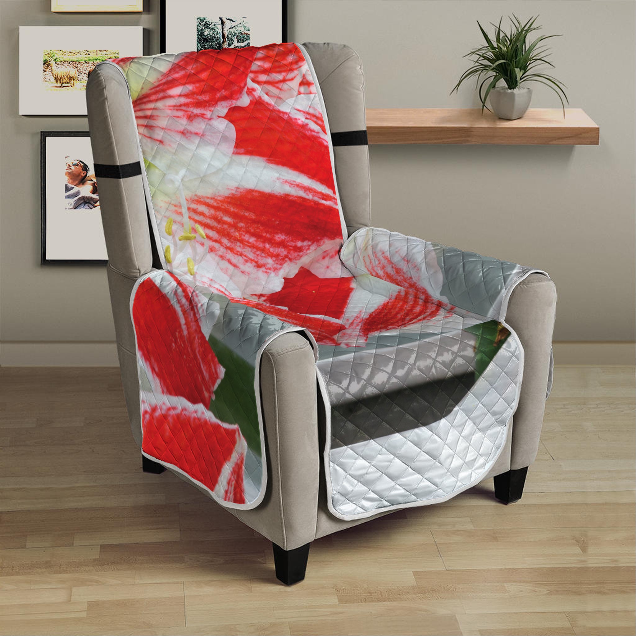 Red And White Amaryllis Print Armchair Protector