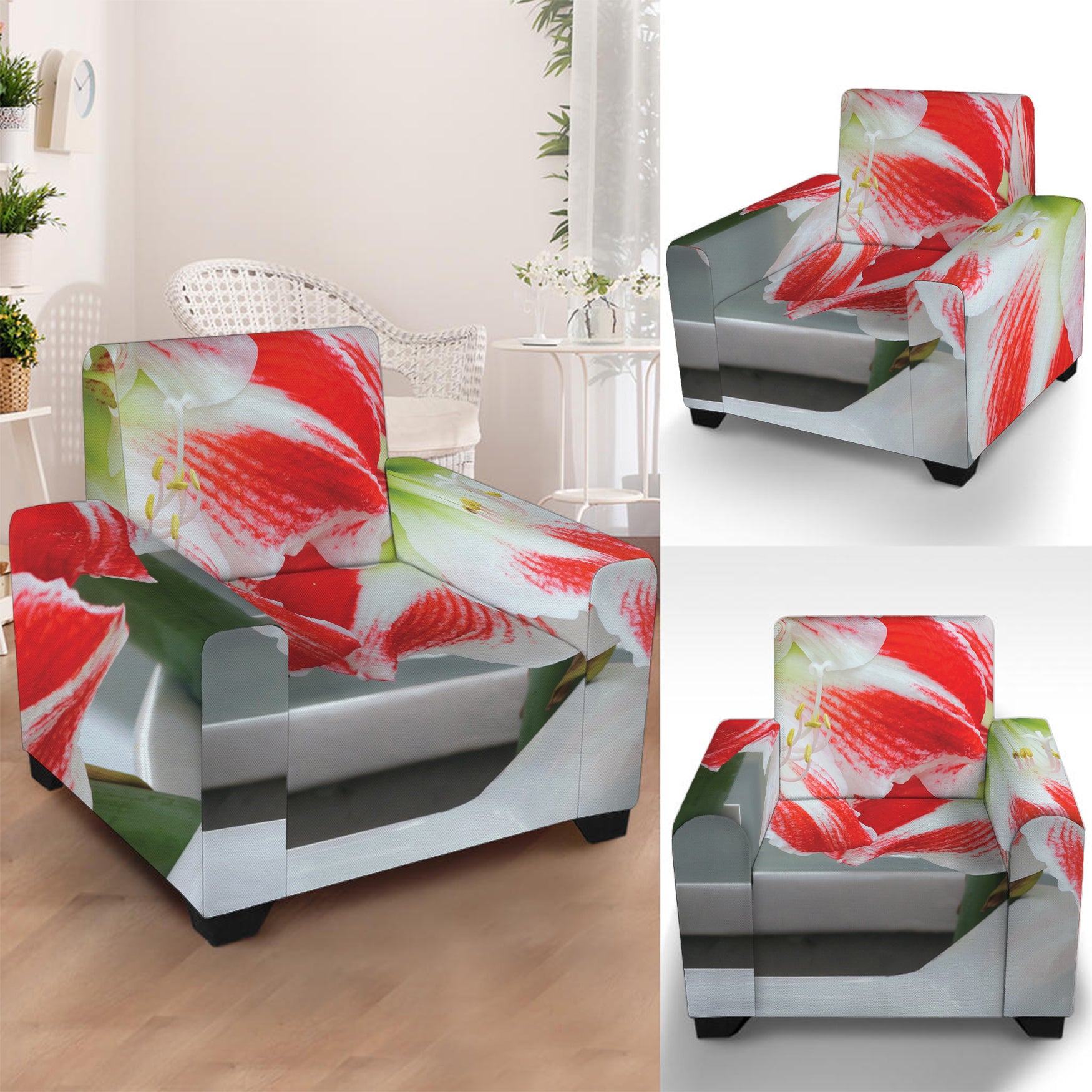 Red And White Amaryllis Print Armchair Slipcover