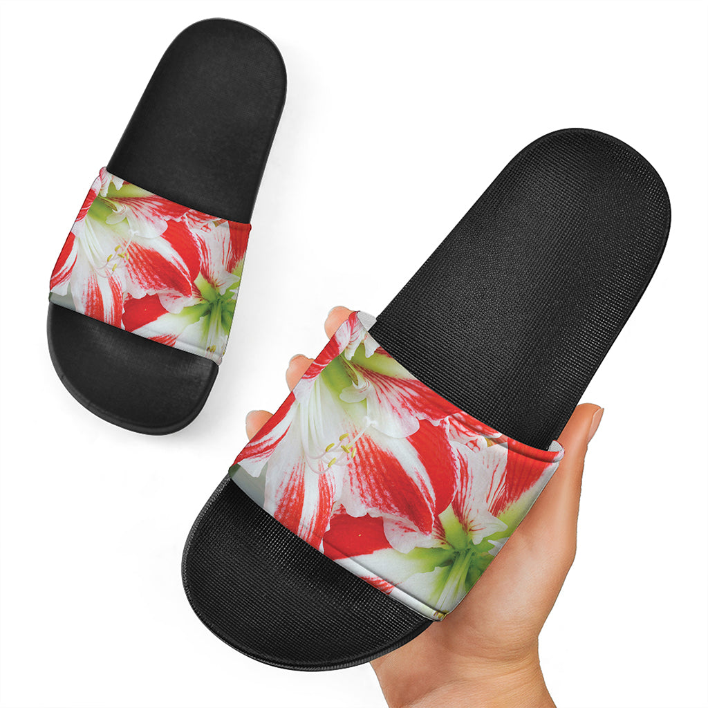 Red And White Amaryllis Print Black Slide Sandals