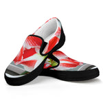 Red And White Amaryllis Print Black Slip On Shoes