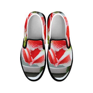 Red And White Amaryllis Print Black Slip On Shoes