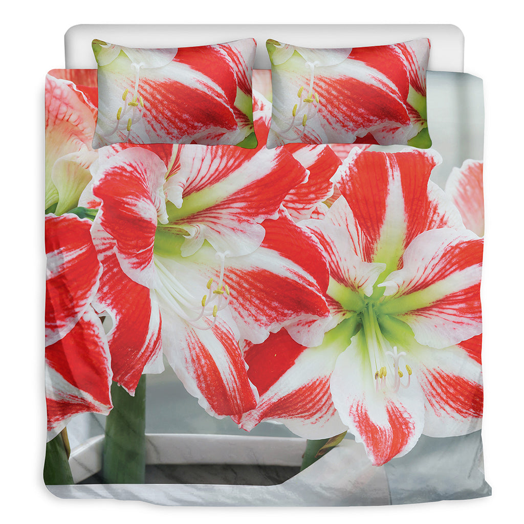 Red And White Amaryllis Print Duvet Cover Bedding Set