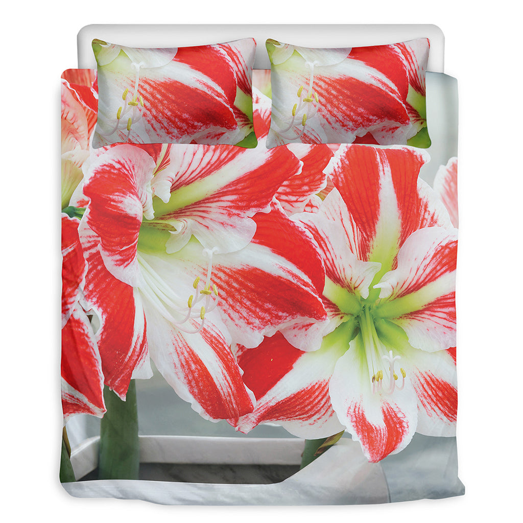 Red And White Amaryllis Print Duvet Cover Bedding Set