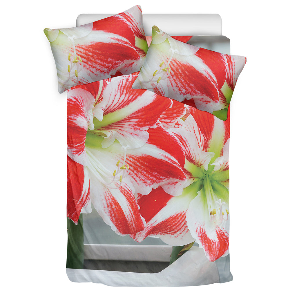 Red And White Amaryllis Print Duvet Cover Bedding Set