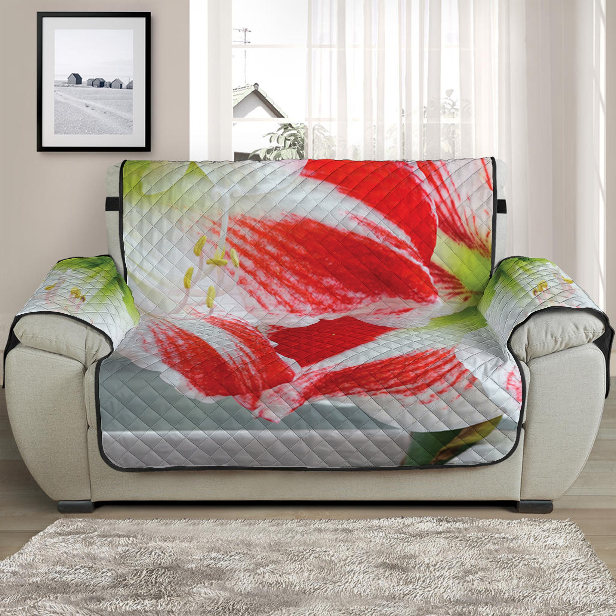 Red And White Amaryllis Print Half Sofa Protector