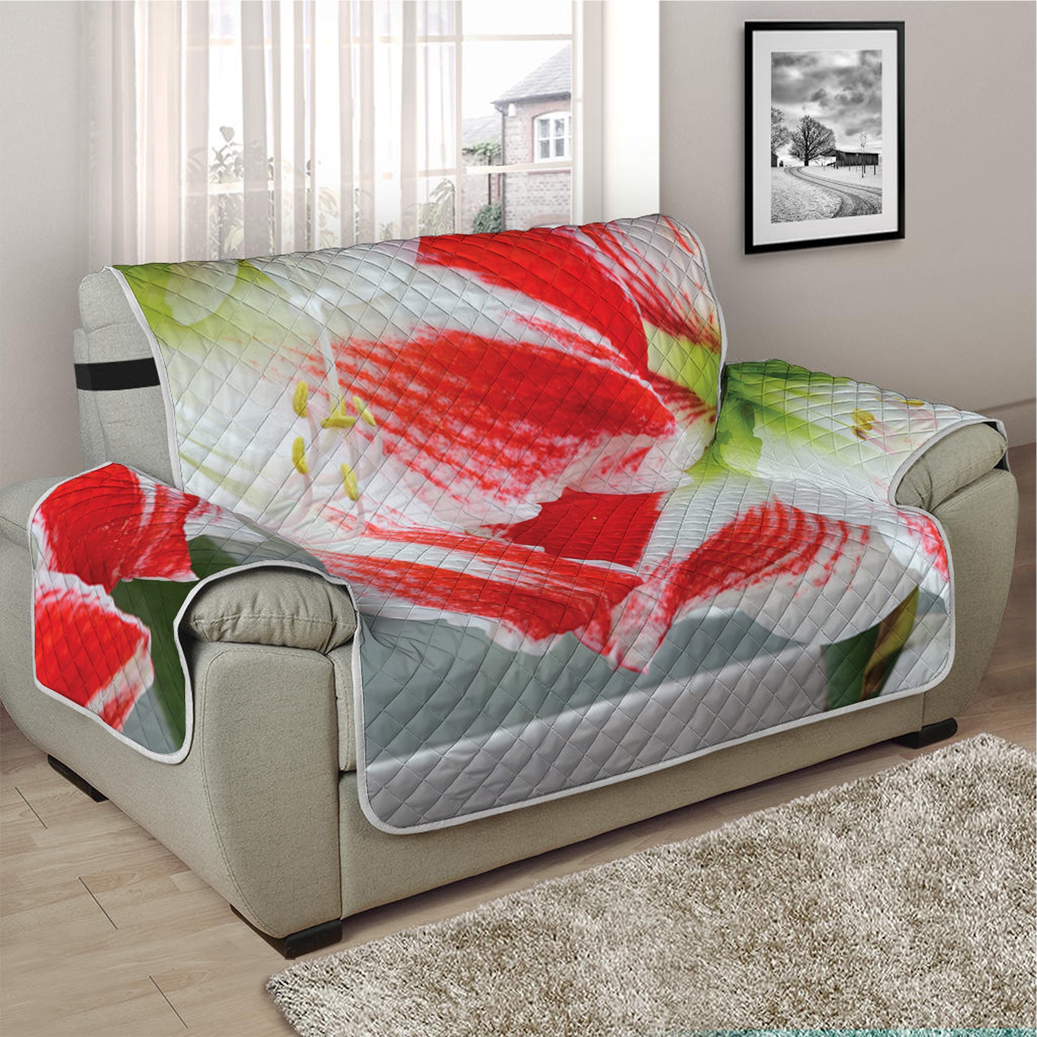 Red And White Amaryllis Print Half Sofa Protector