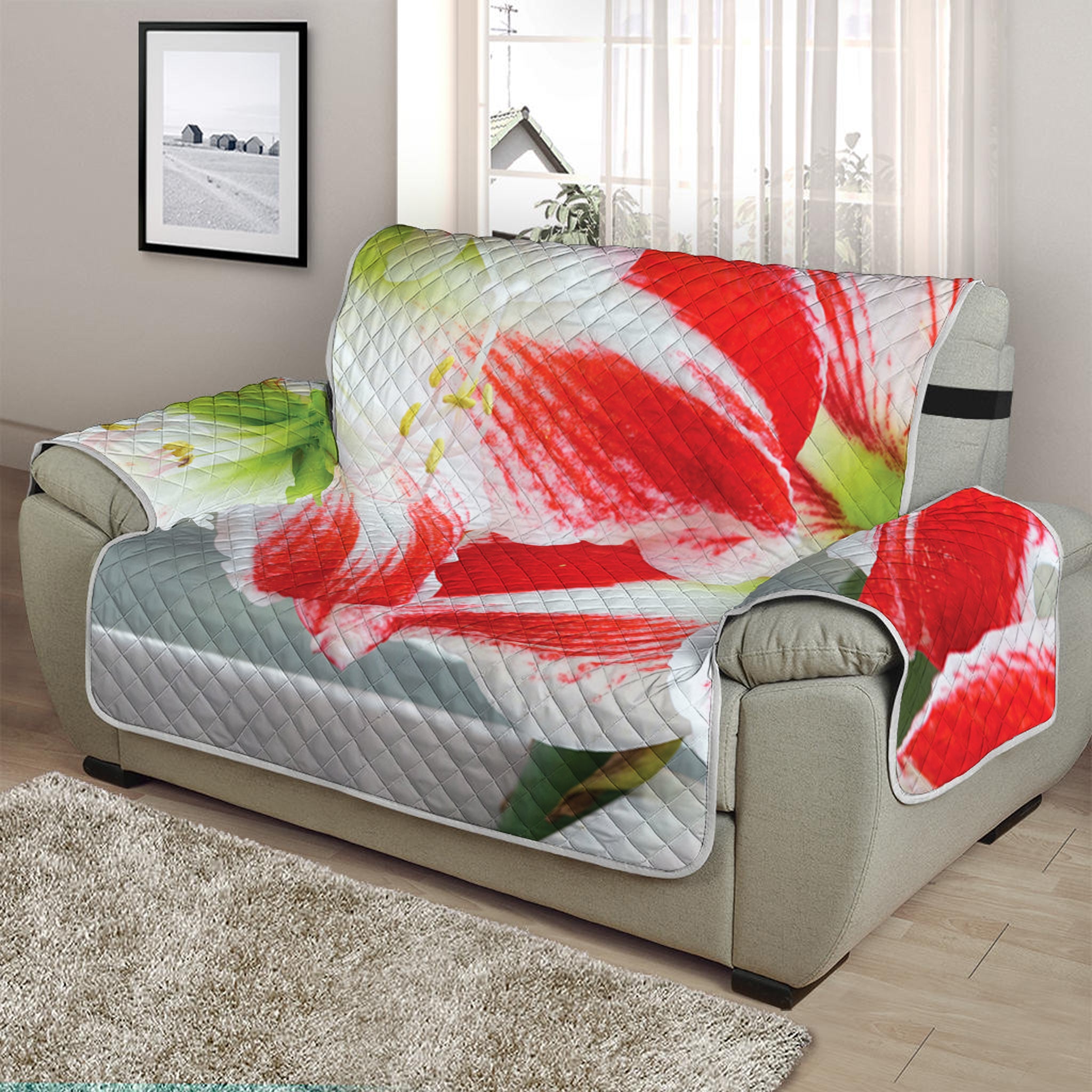 Red And White Amaryllis Print Half Sofa Protector