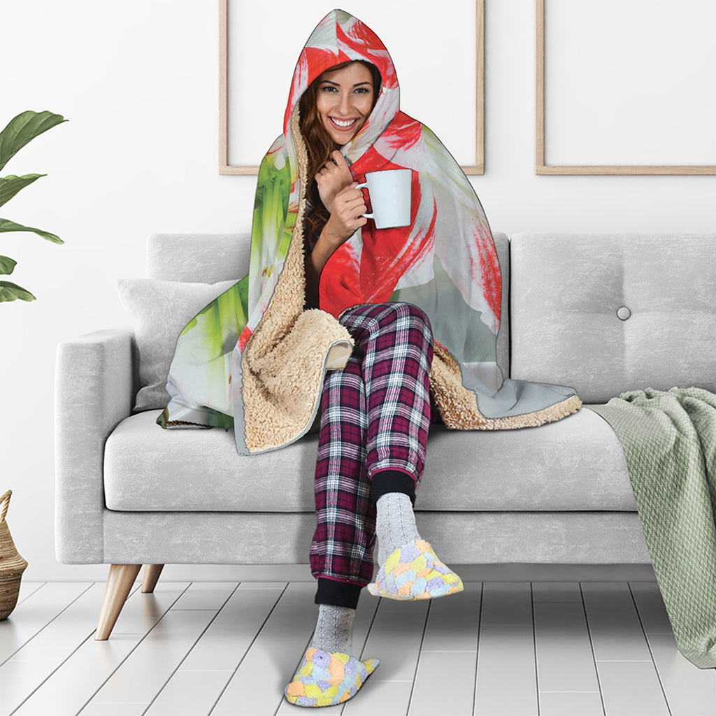 Red And White Amaryllis Print Hooded Blanket
