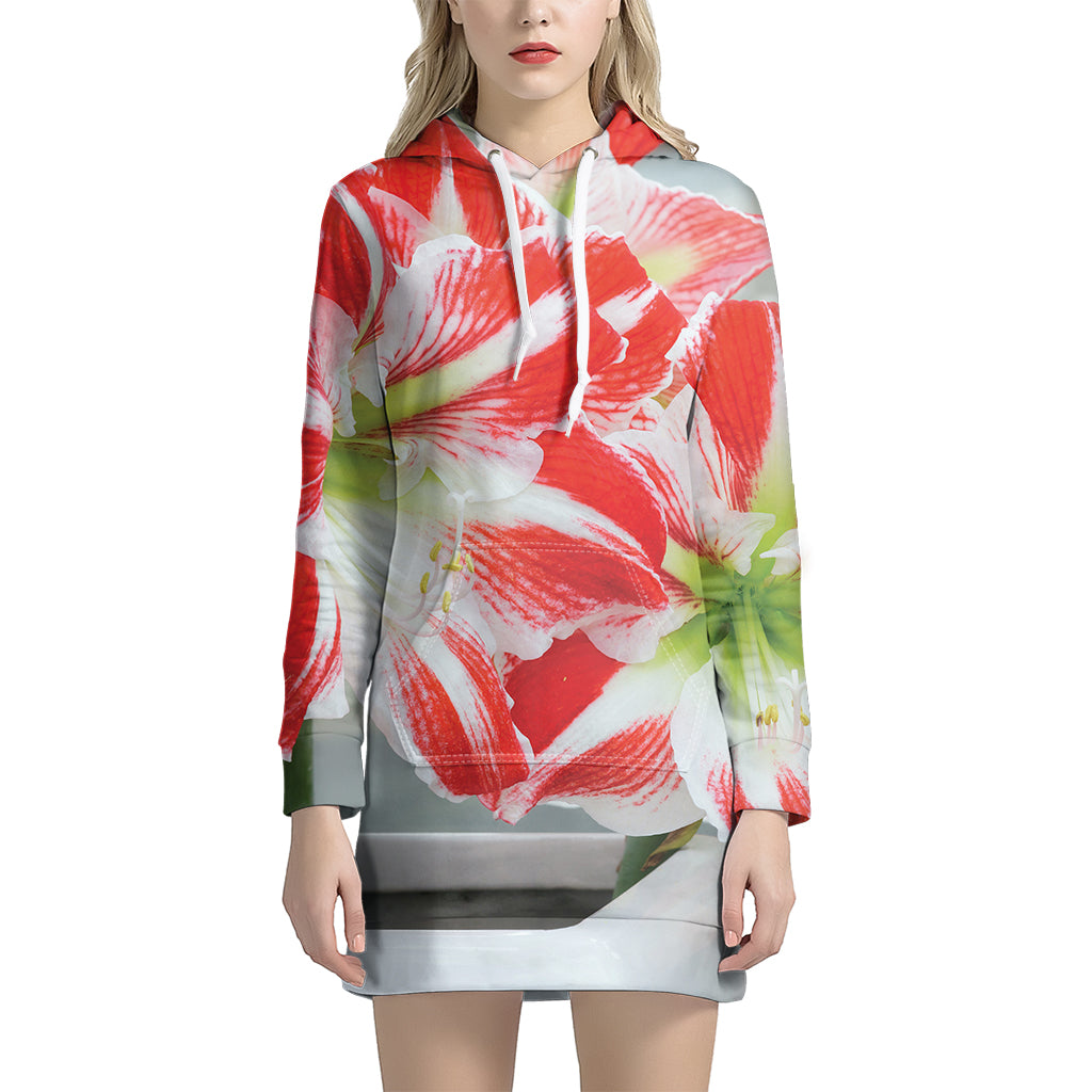 Red And White Amaryllis Print Hoodie Dress