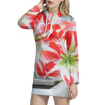 Red And White Amaryllis Print Hoodie Dress