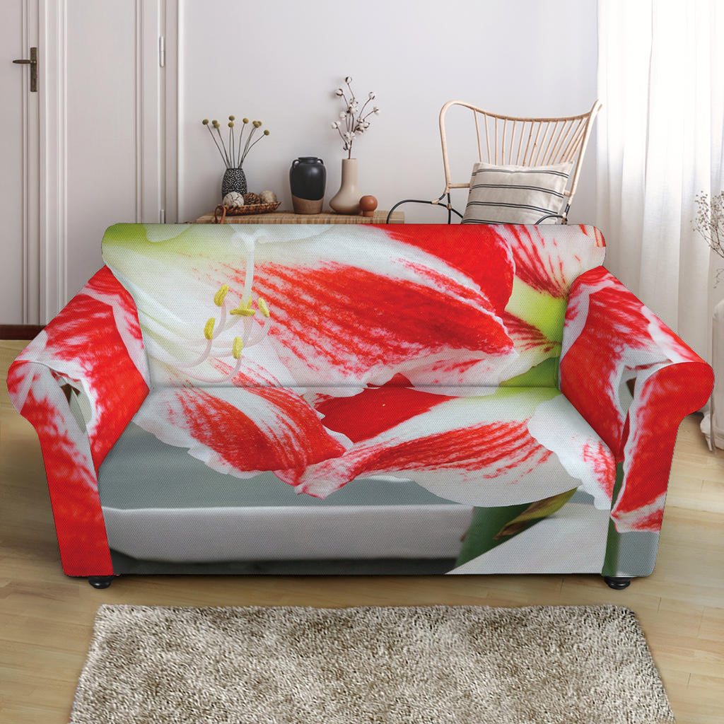 Red And White Amaryllis Print Loveseat Slipcover