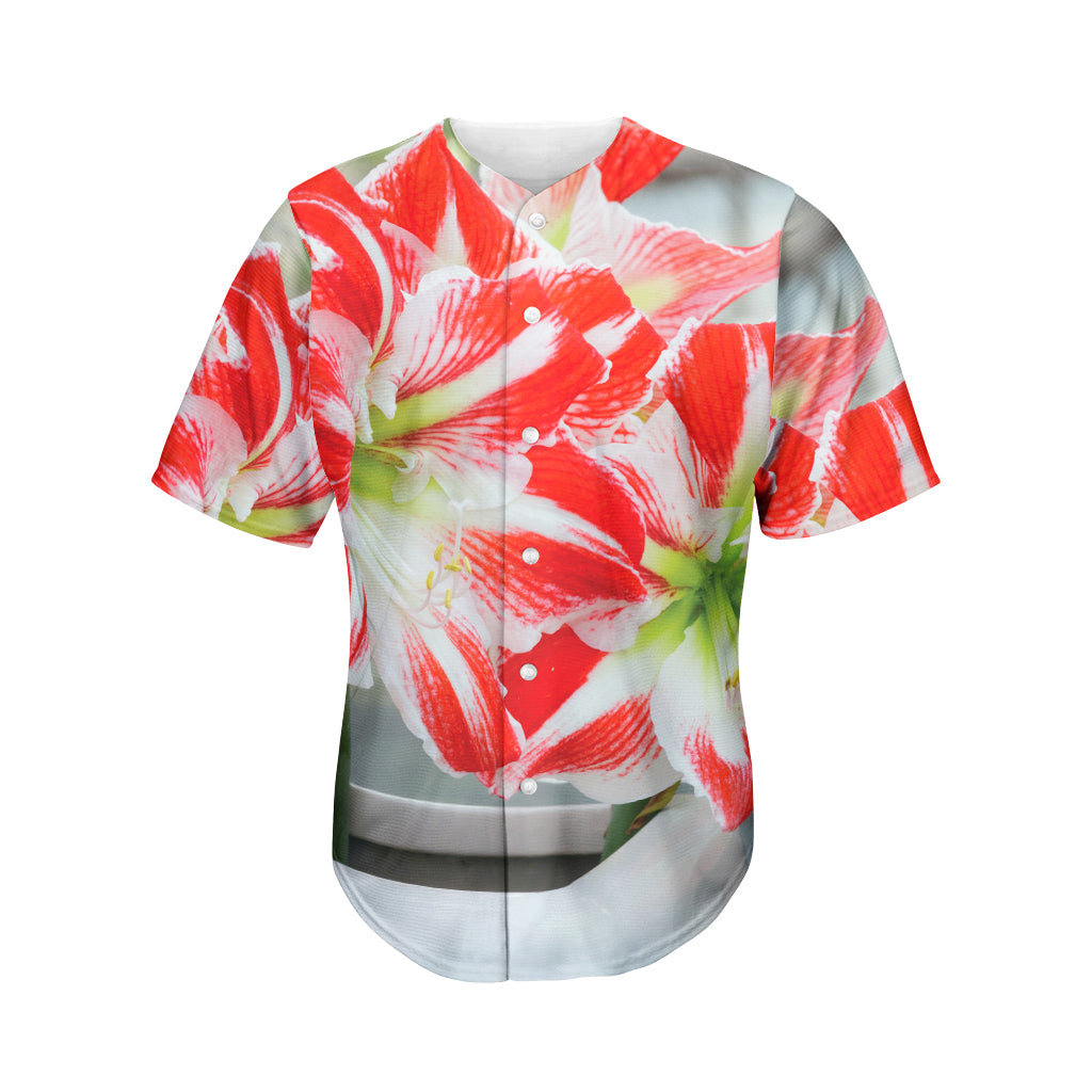 Red And White Amaryllis Print Men's Baseball Jersey