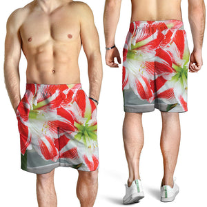 Red And White Amaryllis Print Men's Shorts